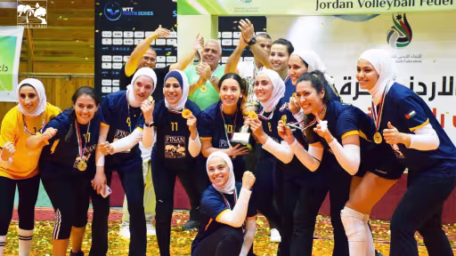 De La Salle Club women’s volleyball team celebrating the 2023 Jordanian championship
